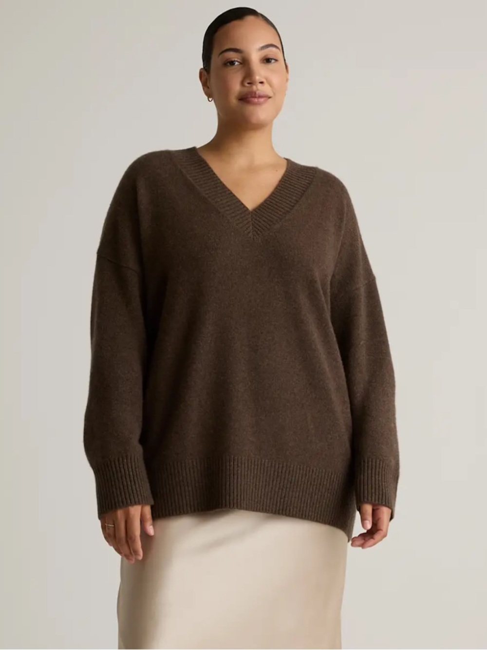Quince Brown Mongolian Cashmere Oversized V-Neck Sweater